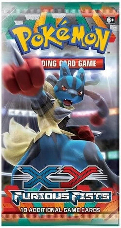 A Pokemon XY Furious Fists booster pack featuring Lucario on the front.