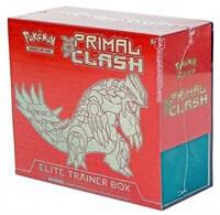 A red Pokemon Primal Clash Elite Trainer Box featuring an illustration of Groudon.