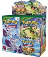 A sealed Pokemon Roaring Skies booster box featuring Rayquaza artwork on the display packaging.