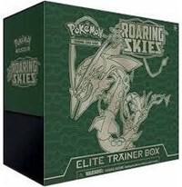 A green Pokemon Roaring Skies Elite Trainer Box featuring an illustration of Rayquaza.