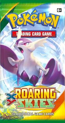 A Pokemon Roaring Skies booster pack featuring Mega Latios on the front.