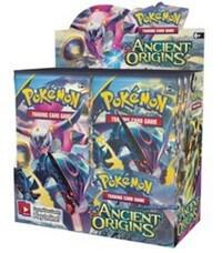 A sealed Pokemon Ancient Origins booster box featuring artwork of Hoopa and Rayquaza.
