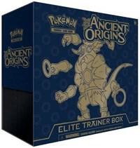 A dark blue Pokemon Ancient Origins Elite Trainer Box featuring a gold Hoopa illustration.