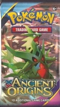 A Pokemon Ancient Origins booster pack featuring Mega Tyranitar on the front.