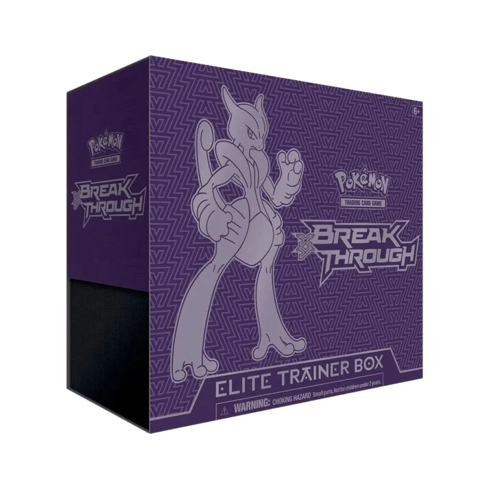 A purple Pokemon BREAKthrough Elite Trainer Box featuring a Mewtwo illustration on the front.
