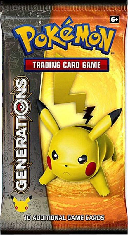 A Pokemon Generations booster pack featuring a yellow Pikachu illustration on a gold background.