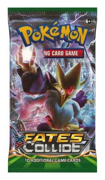 A sealed Pokemon Fates Collide booster pack featuring Mega Alakazam on the front.