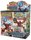 A Pokemon Steam Siege booster box featuring Volcanion and Gardevoir artwork.