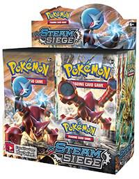 A Pokemon Steam Siege booster box featuring Volcanion and Gardevoir artwork.