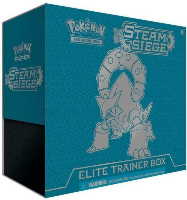 A teal Pokemon Steam Siege Elite Trainer Box featuring Hoopa on the front.