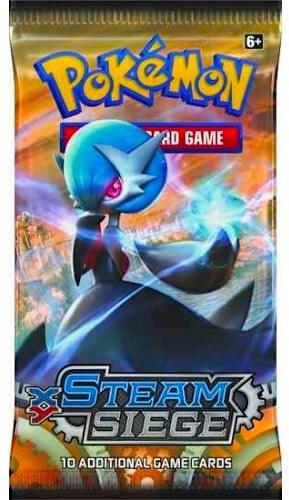 A Pokemon Steam Siege booster pack featuring Mega Gardevoir on the front packaging.