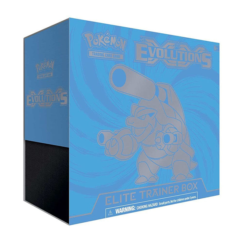 A blue Pokemon Evolutions Elite Trainer Box featuring an illustration of Blastoise.