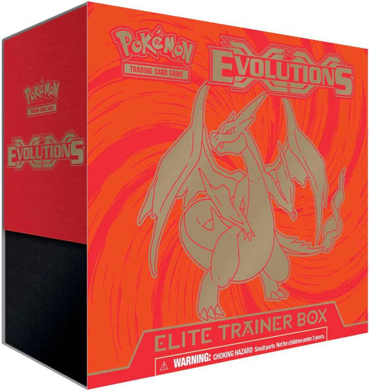 A Pokemon Evolutions Elite Trainer Box featuring Charizard artwork on an orange background.