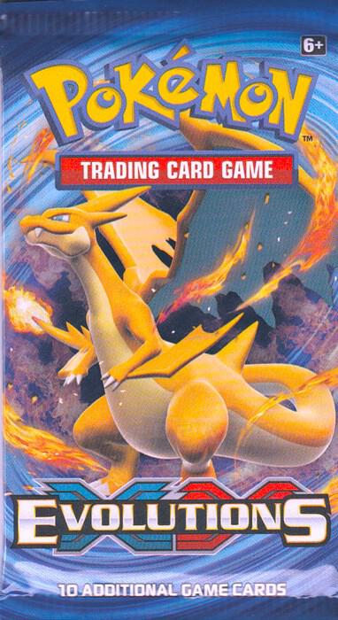 A Pokemon XY Evolutions booster pack featuring Charizard artwork on the front.