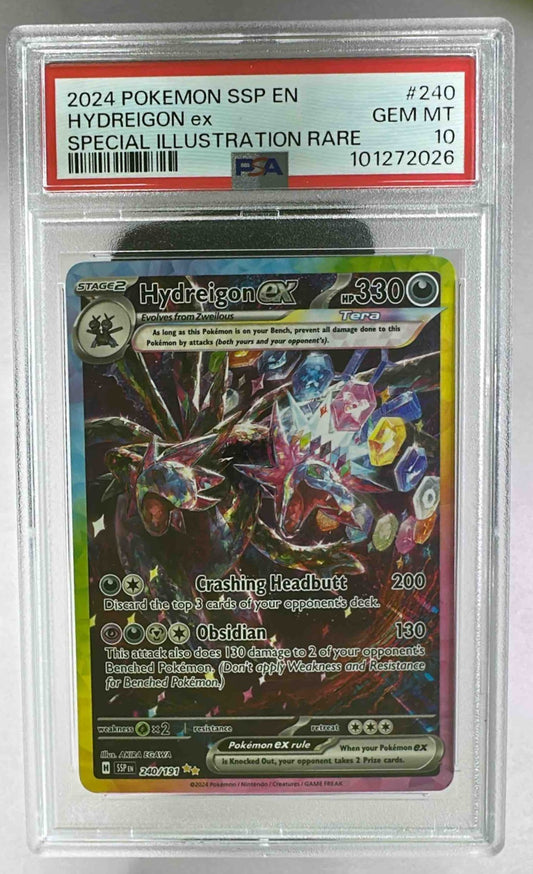 A PSA 10 graded Hydreigon ex card from the 2024 Pokemon Surging Sparks set in a plastic slab.