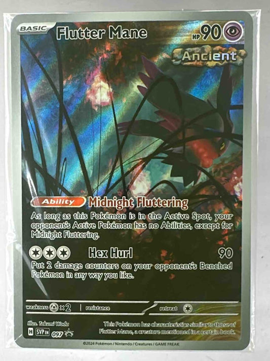 A Flutter Mane Pokemon card from the Scarlet and Violet Black Star Promos set in a plastic sleeve.