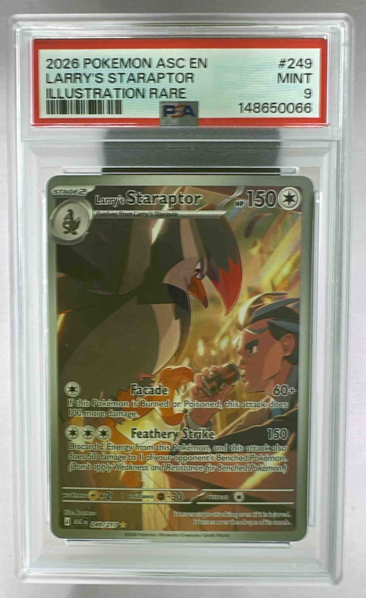A PSA 9 graded Larrys Starraptor Pokemon card from the 2026 Ascended Heroes set.