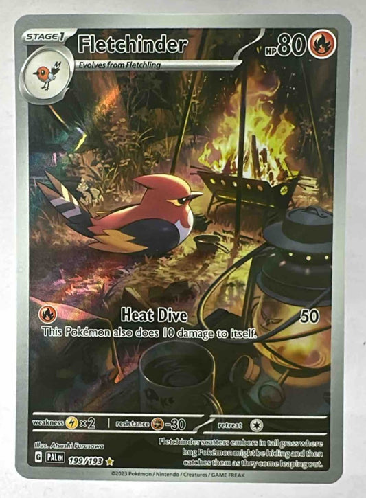 A Fletchinder Pokemon card from the Paldea Evolved set featuring full art of a campfire scene.