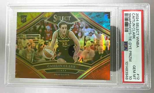 A PSA 10 graded 2024 Panini Select Caitlin Clark Snapshots Tie-Dye Prizm rookie card.