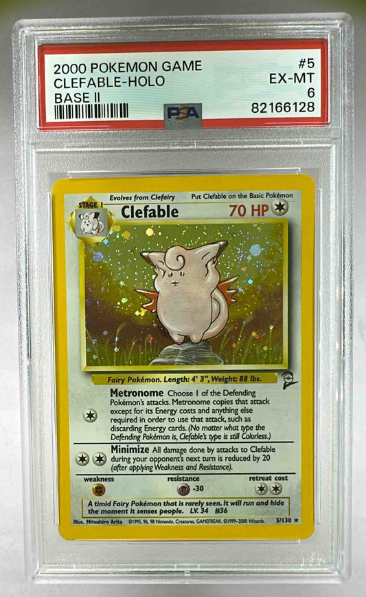 A PSA 6 graded 2000 Pokemon Base Set 2 Clefable holographic trading card in a plastic slab.