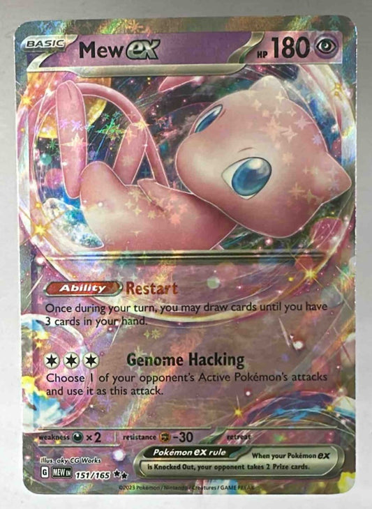 A Mew ex trading card from the 2023 Pokemon Scarlet and Violet 151 set with a reverse holo finish.