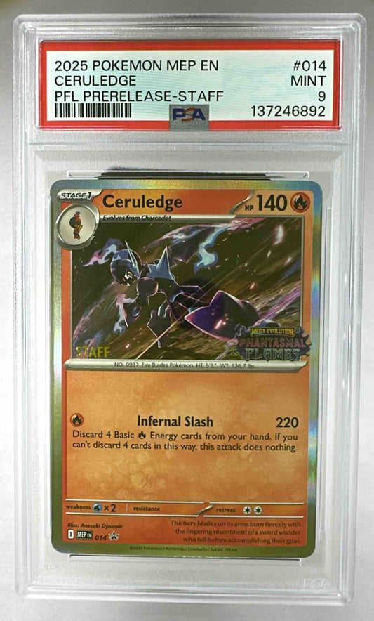 A PSA 9 graded 2025 Pokemon Ceruledge Staff promo card in a protective plastic slab.