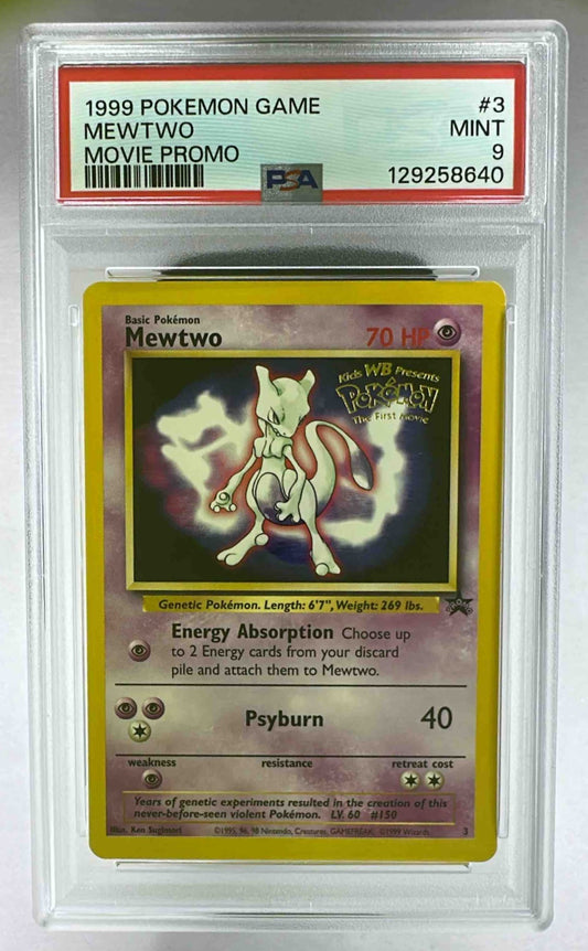 A PSA 9 graded 1999 Pokemon Mewtwo Black Star Promo card in a protective plastic slab.