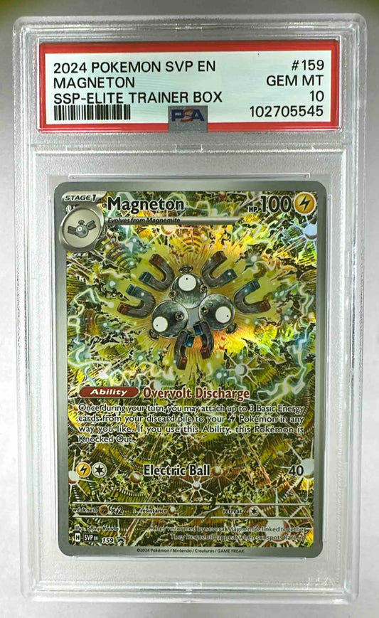 A PSA 10 graded Magneton Pokemon card from the SV Black Star Promos series in a protective slab.