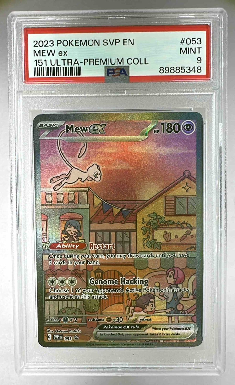 A PSA 9 graded Mew ex holographic Pokemon card in a protective plastic slab.