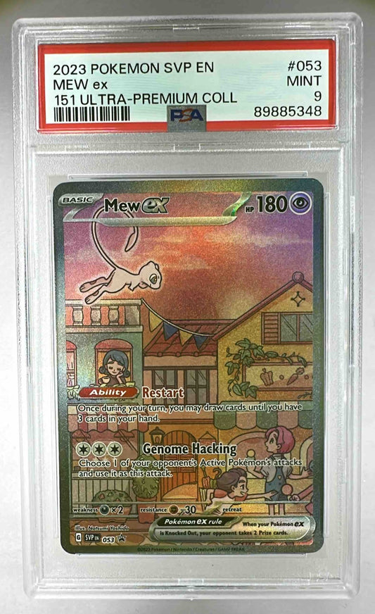 A PSA 9 graded Mew ex holographic Pokemon card in a protective plastic slab.