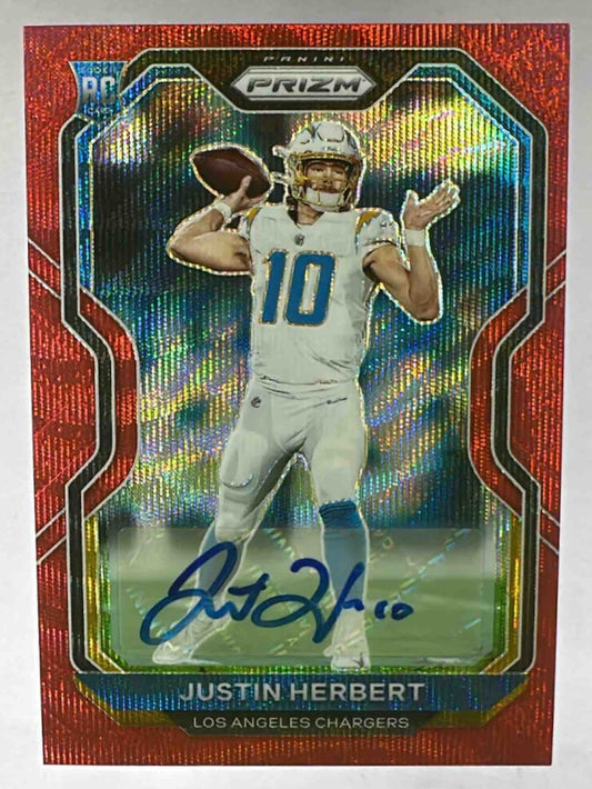2020 Panini Prizm Justin Herbert rookie card with a red wave finish and an authentic autograph.