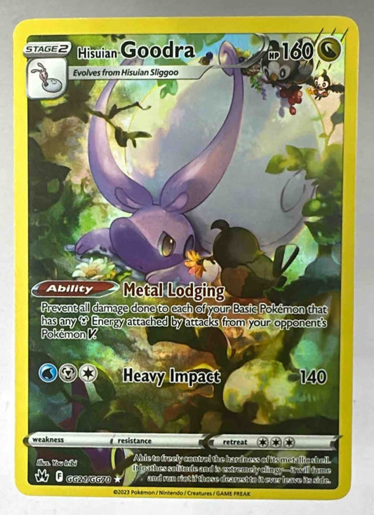 A Hisuian Goodra Pokemon card from the Crown Zenith Galarian Gallery set with full art.