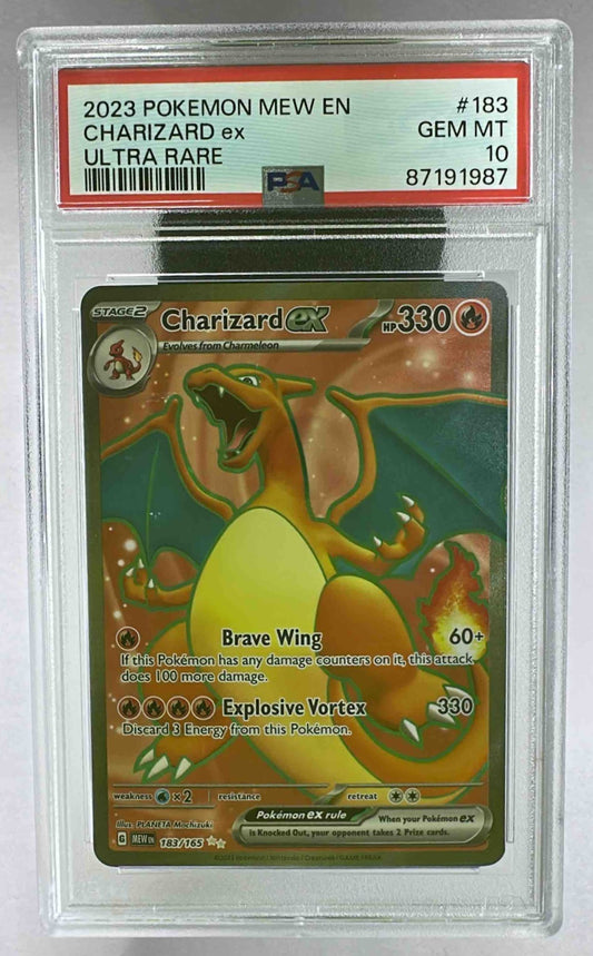 A PSA 10 graded Charizard ex Pokemon card from the 2023 151 set in a protective plastic slab.