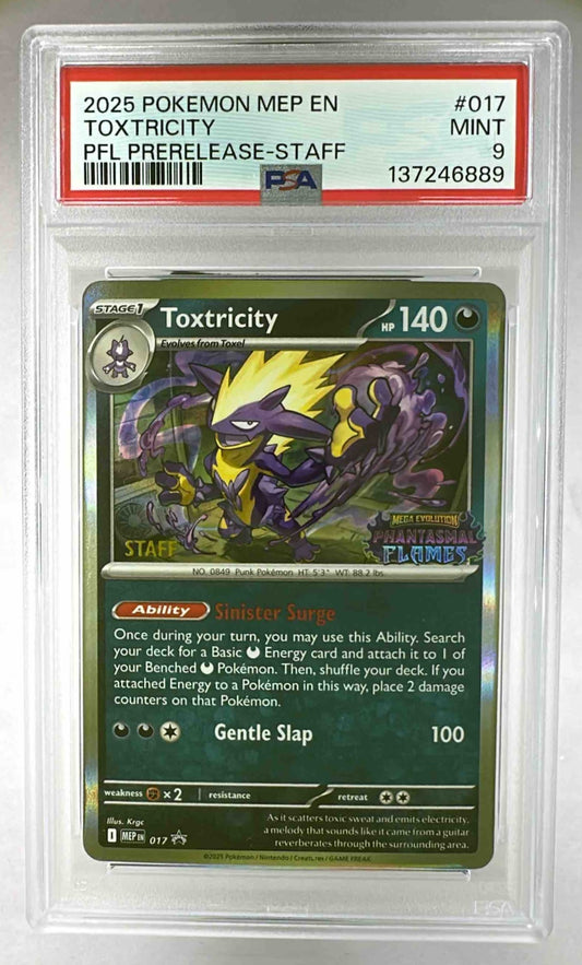 A PSA 9 graded Toxtricity Pokemon card in a protective plastic slab.