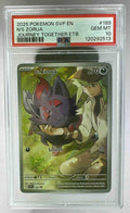 A PSA 10 graded N's Zorua Pokemon promo card in a protective plastic slab.