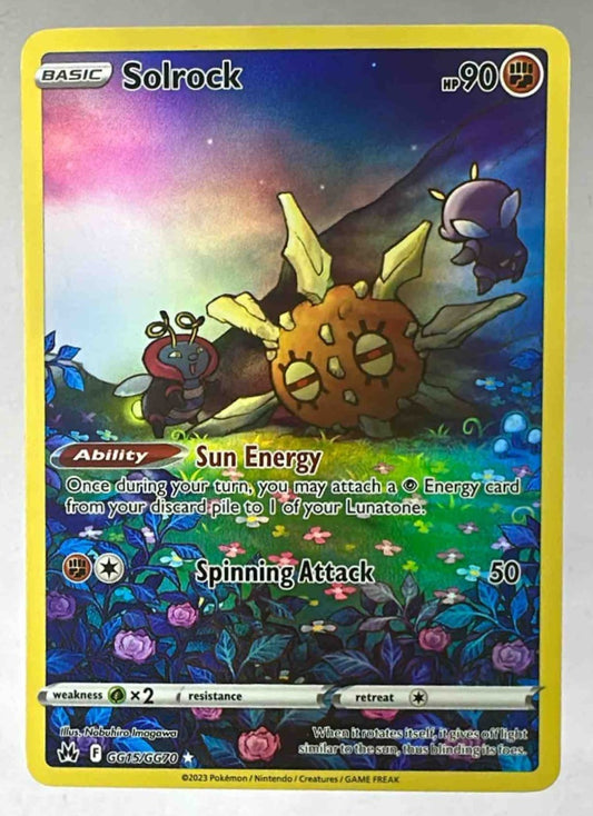 A Solrock Pokemon card from the Crown Zenith Galarian Gallery set featuring vibrant floral artwork.