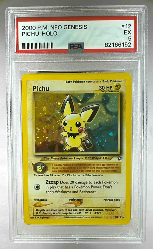 A PSA 5 graded 2000 Neo Genesis German Pichu Pokemon card in a protective plastic slab.