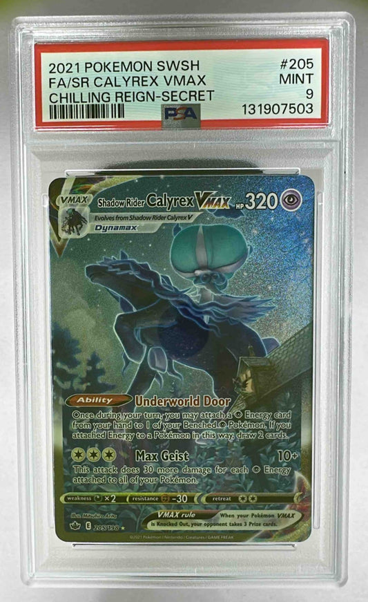 A PSA 9 graded Shadow Rider Calyrex VMAX Pokemon card from the Chilling Reign expansion.