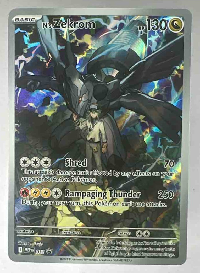 A full-art N's Zekrom Pokemon trading card from the 2025 Black Star Promos set.