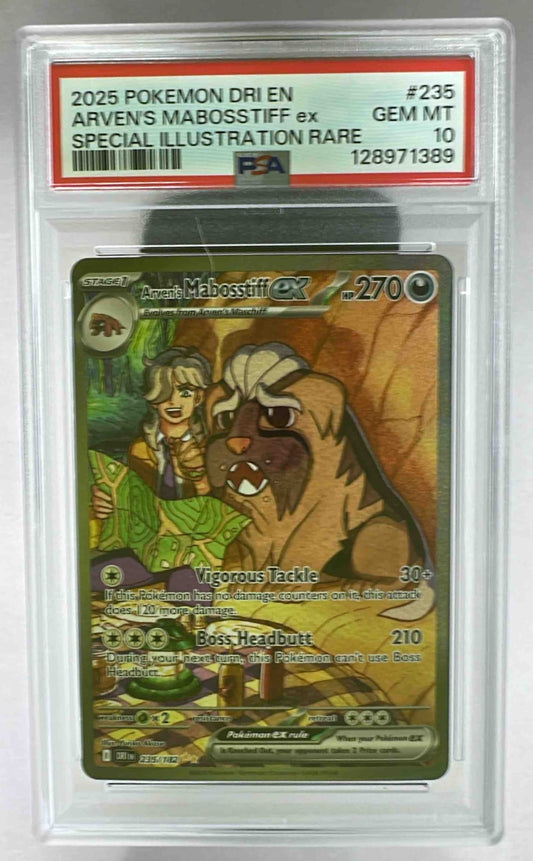 A PSA 10 graded Arven's Mabosstiff ex Pokemon card in a protective plastic slab.