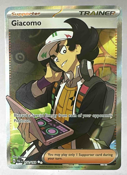 A full-art Giacomo trainer card from the Pokemon Paldea Evolved expansion.