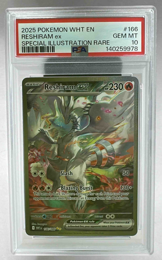 A PSA 10 graded Reshiram ex Special Illustration Rare card from the 2025 Pokemon White Flare set.