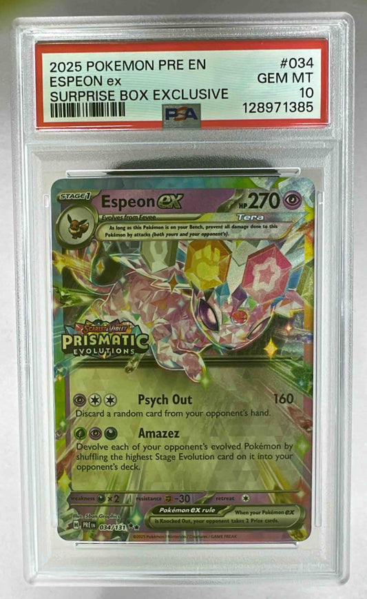 A PSA 10 graded Espeon ex holographic card from the 2025 Pokemon Prismatic Evolutions set.