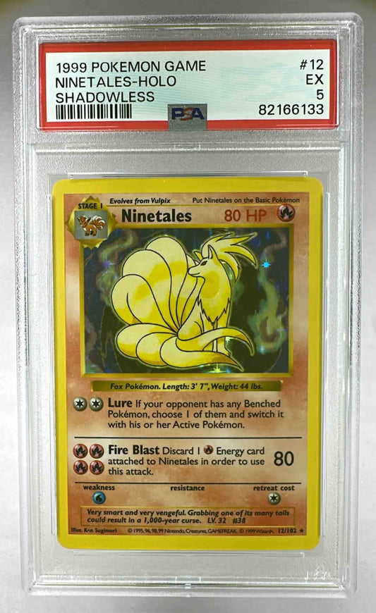 A PSA 5 graded 1999 Pokemon Base Set Ninetales holographic card in a protective plastic slab.
