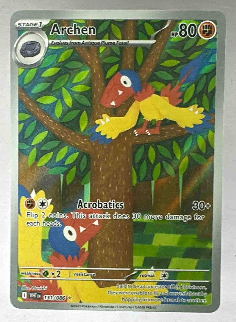 An Archen Pokemon card featuring vibrant illustration art of the bird perched in a tree.