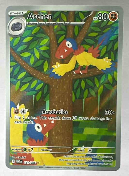 An Archen Pokemon card featuring vibrant illustration art of the bird perched in a tree.