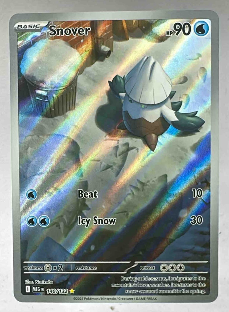 A holographic Snover Pokemon card featuring full-art illustration and a silver border.