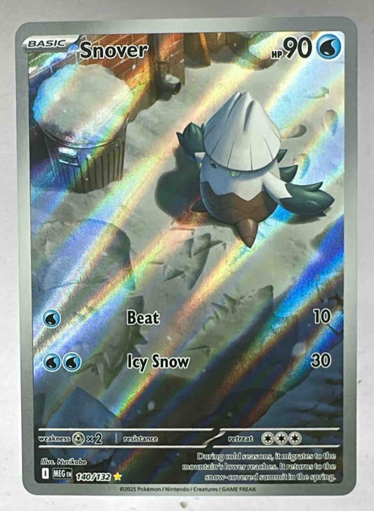 A holographic Snover Pokemon card featuring full-art illustration and a silver border.