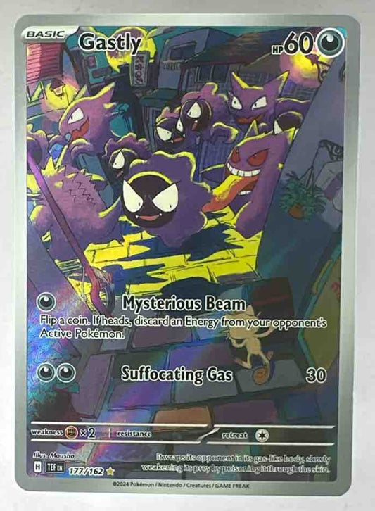 A Gastly illustration rare card from the 2024 Pokemon Temporal Forces set.