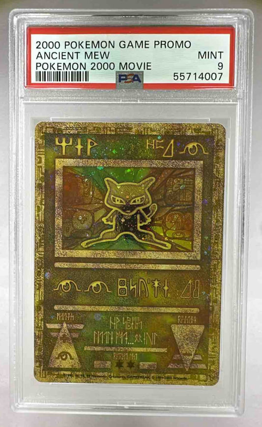 A PSA 9 graded 2000 Pokemon Ancient Mew promo card in a protective plastic slab.
